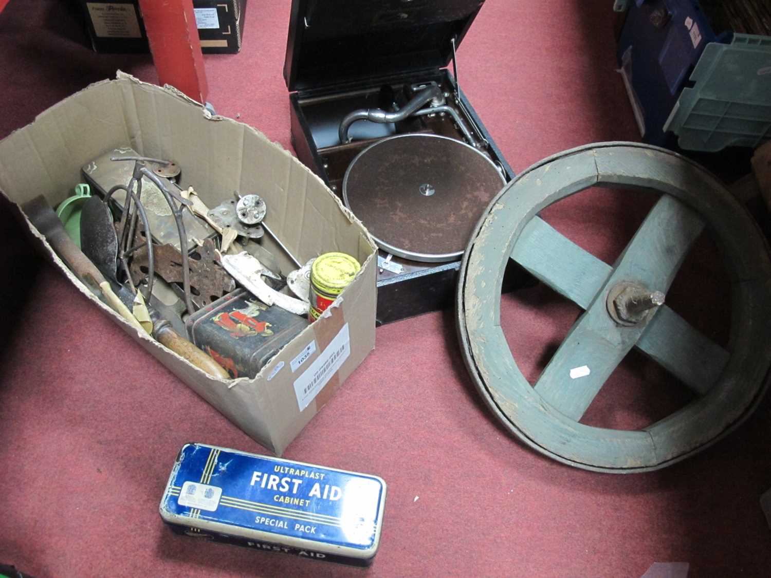 HMV 78prm Record Player, old cart wheel, box of items including sheep shears, tins etc.