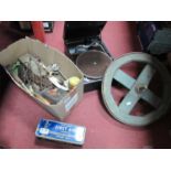 HMV 78prm Record Player, old cart wheel, box of items including sheep shears, tins etc.