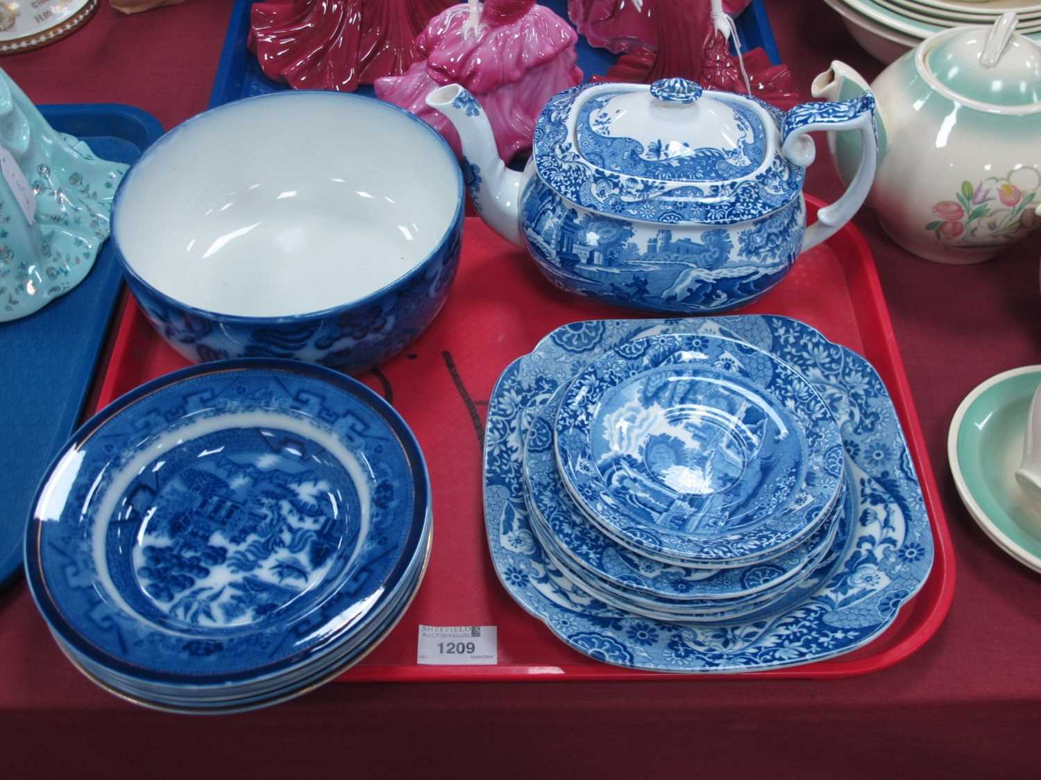 Copeland Spode "Italian" Blue-White Teapot, Doulton Burslem "Willow" blue-white bowl, etc:- One