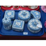 Wedgwood Blue and White Jasperware Circular Lidded Trinket Boxes, together with heart shape, two