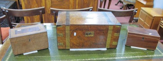 A Victorian Campaign Style Stationary Box/Writing Slope, dated 1880 plus two Victorian tea