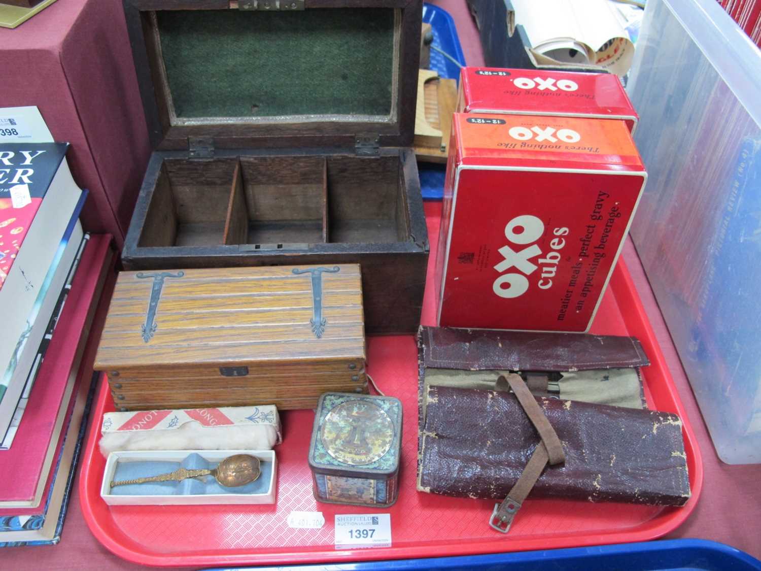 XIX Century Mahogany Tea Caddy, Tallent oak musical jewellery box, oxo tins, geometry implements,