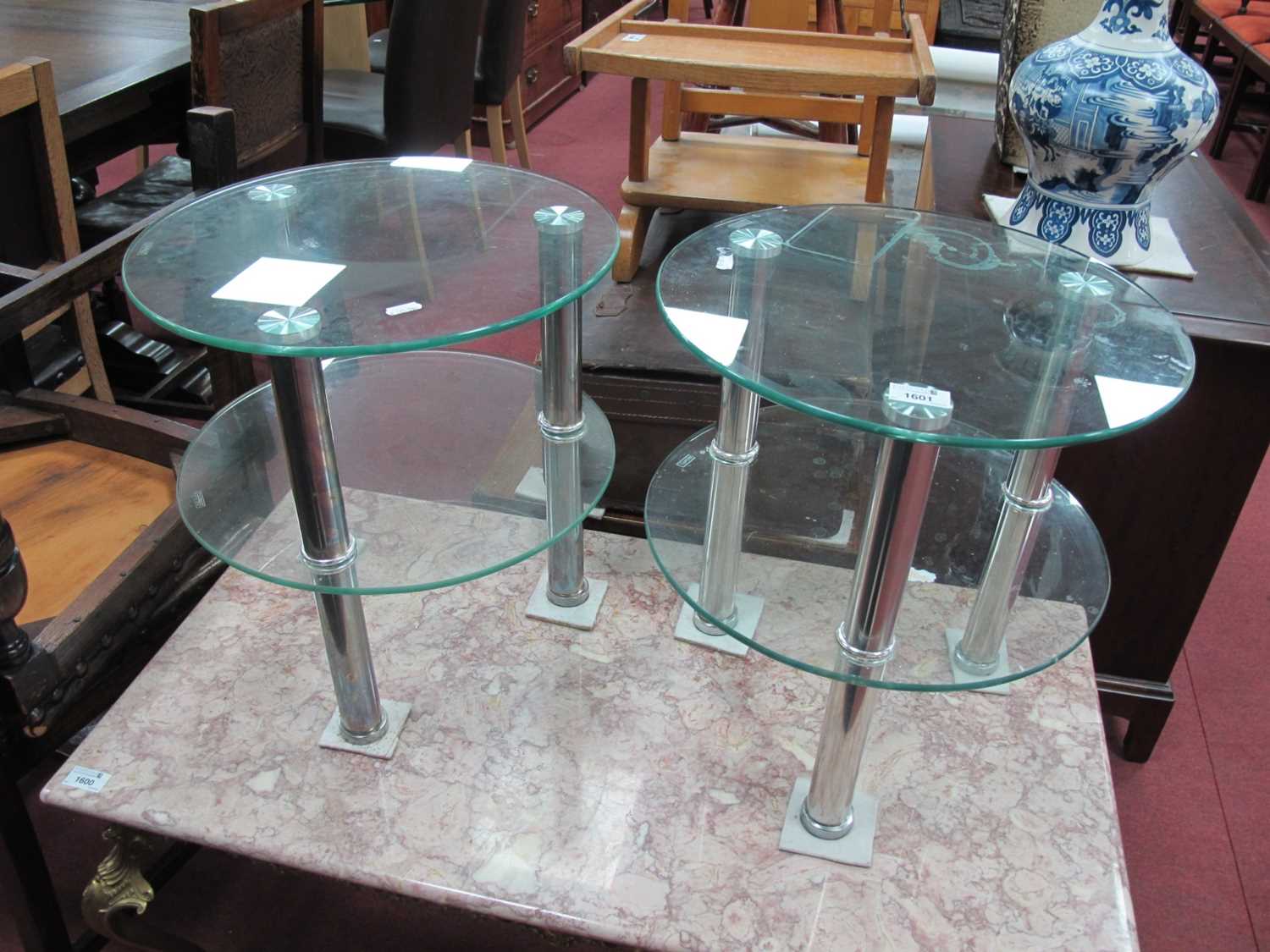 Pair of Circular Glass Top Side Tables, 40cm wide.