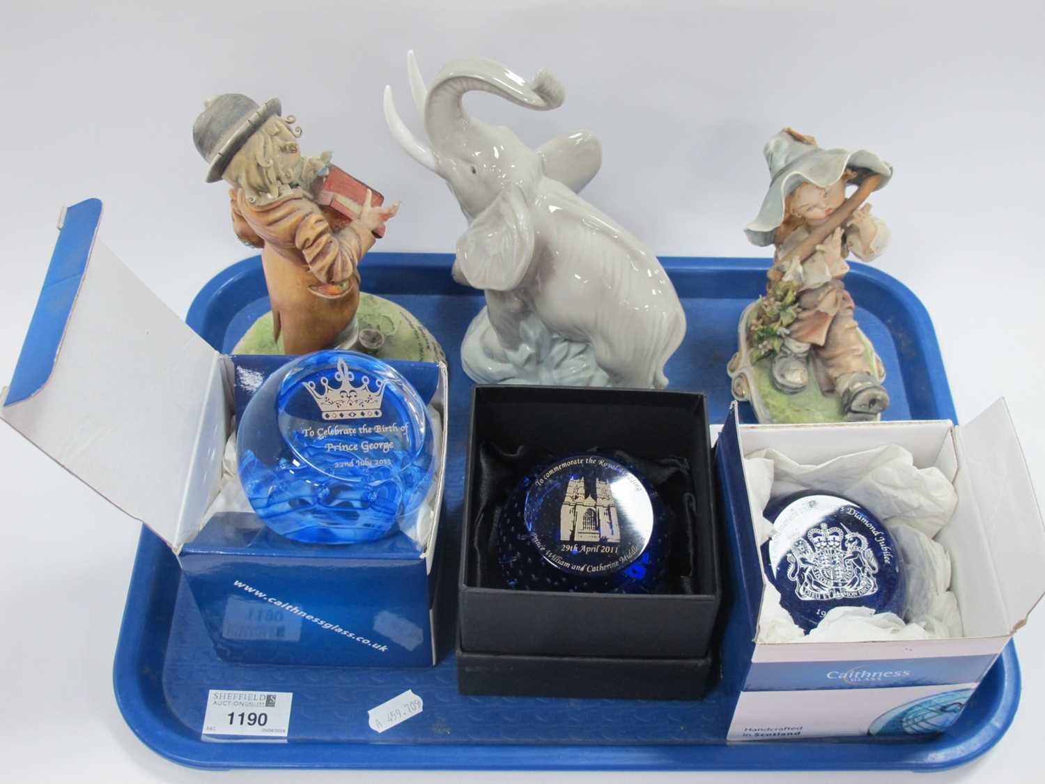 Three Caithness Royal Paperweights. Tizzano Galli figurines x 2. Nao elephant.