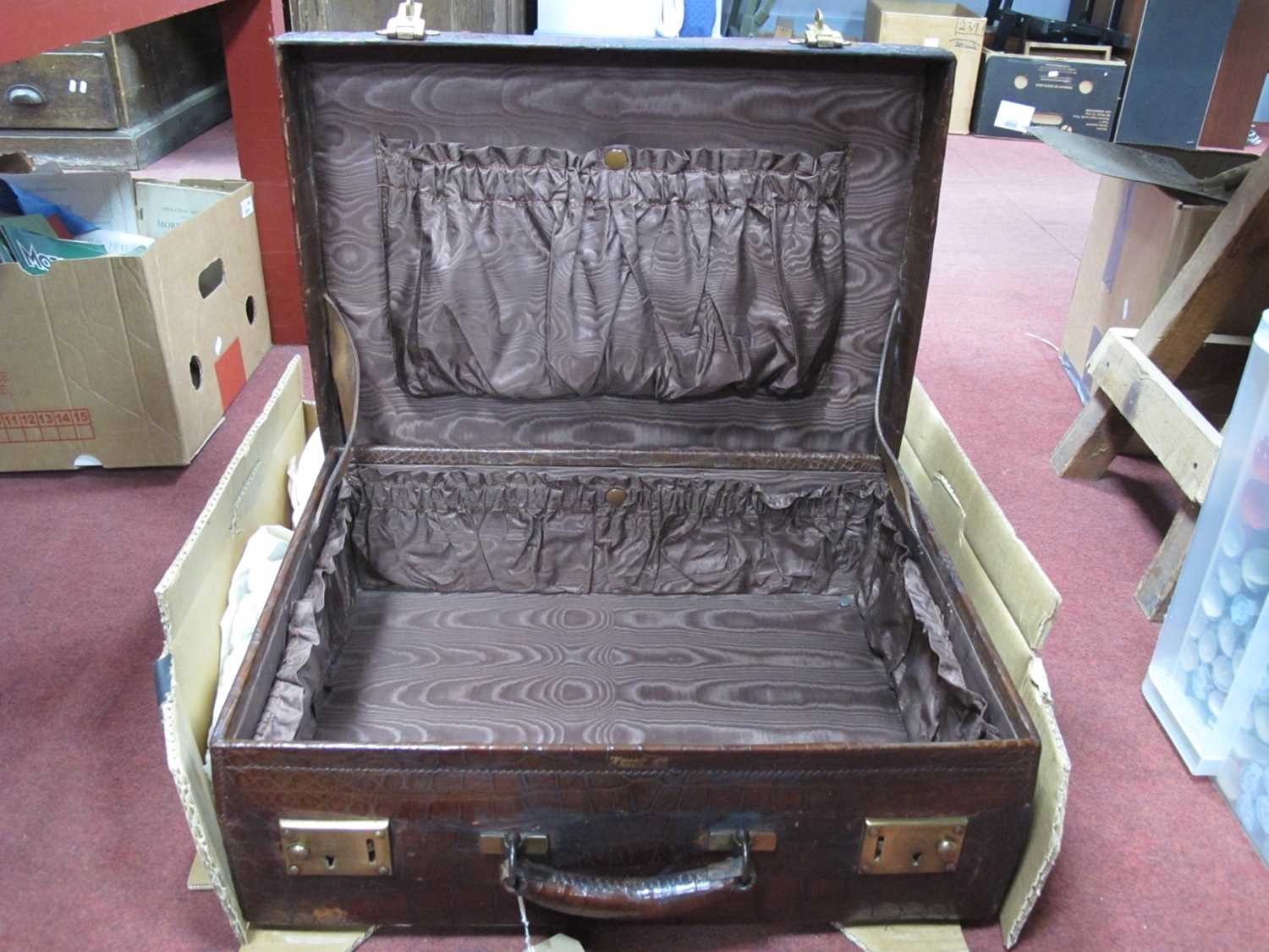 An Edwardian Era Leather Crocodile Skin Case, with silk interior and five pockets with clasps,