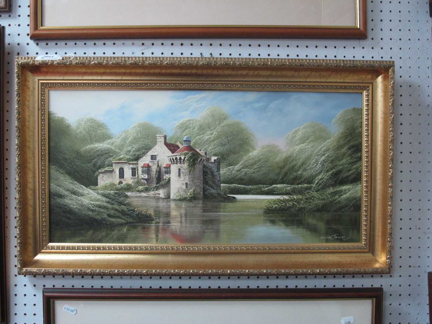 David James (Born London 1944) 'Scotney Castle, Ken', oil on canvas, signed lower right 29 x 59.5cm,