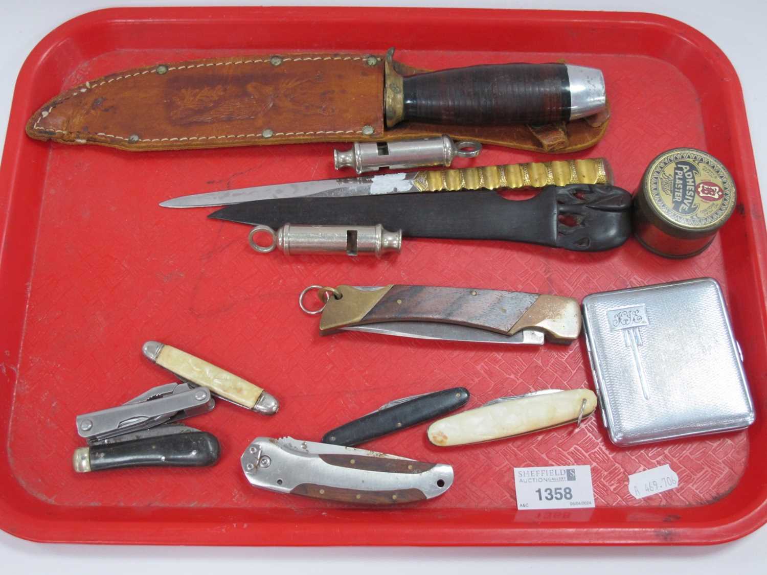 Sussex Armoury Foreign Knife, in a leather sheath, 32.5cm overall length, seven pocket knives, two