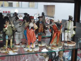 Capodimonte Masked Figurines, including Pantaloon Pantalone, Pierrot mandolin player, each on