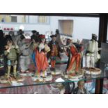 Capodimonte Masked Figurines, including Pantaloon Pantalone, Pierrot mandolin player, each on