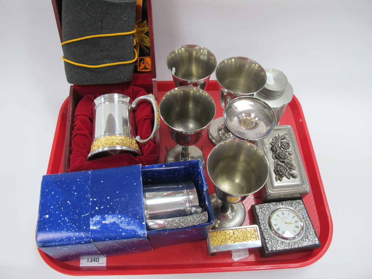 Royal Selangor Tea Canister, tankards, letter holder, clock, Sheffield goblets, etc:- One Tray.