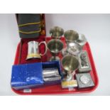 Royal Selangor Tea Canister, tankards, letter holder, clock, Sheffield goblets, etc:- One Tray.