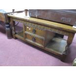 Oak Rectangular Shaped Coffee Table, with two centre drawers, on turned and block supports, 102cm