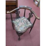 Early XX Century Oak Corner Chair, with pierced splats, shaped arms, drop in seat, cabriole legs.