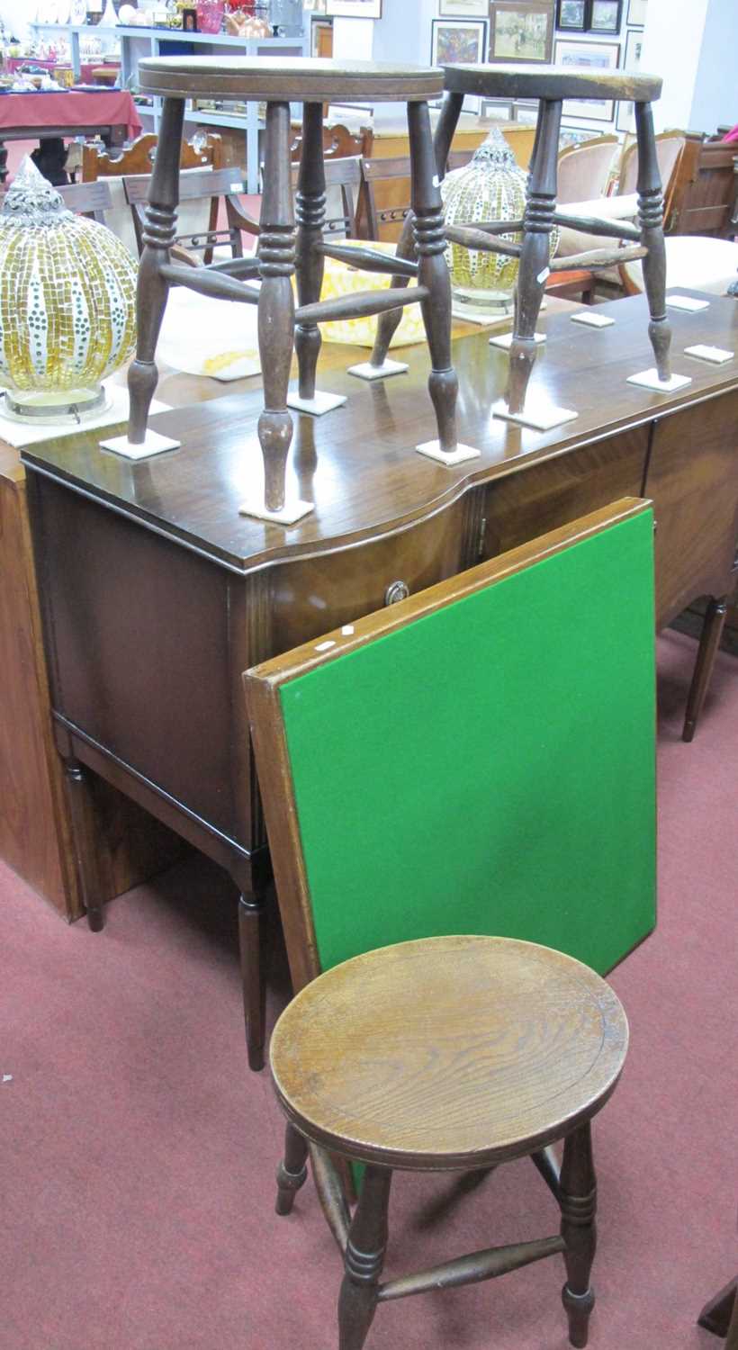 Vono Card Table, three oval topped stools on turned legs with stretchers. (4).