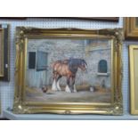 Kevin March, XX Century Shire Horse and Cockerel outside a stable, oil on canvas, signed lower