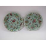 Oriental - Pair of XIX Century Chinese Celadon Circular Plates, profusely decorated and hand painted
