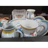 Quimper Pottery in Traditional Colours, to include bowl featuring lady, 30cm diameter, jugs, plates,