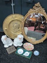 Gilded Wall Mirror, pair of XIX Century Staffordshire dogs, brass wall plate, etc:- One Box.