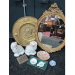 Gilded Wall Mirror, pair of XIX Century Staffordshire dogs, brass wall plate, etc:- One Box.