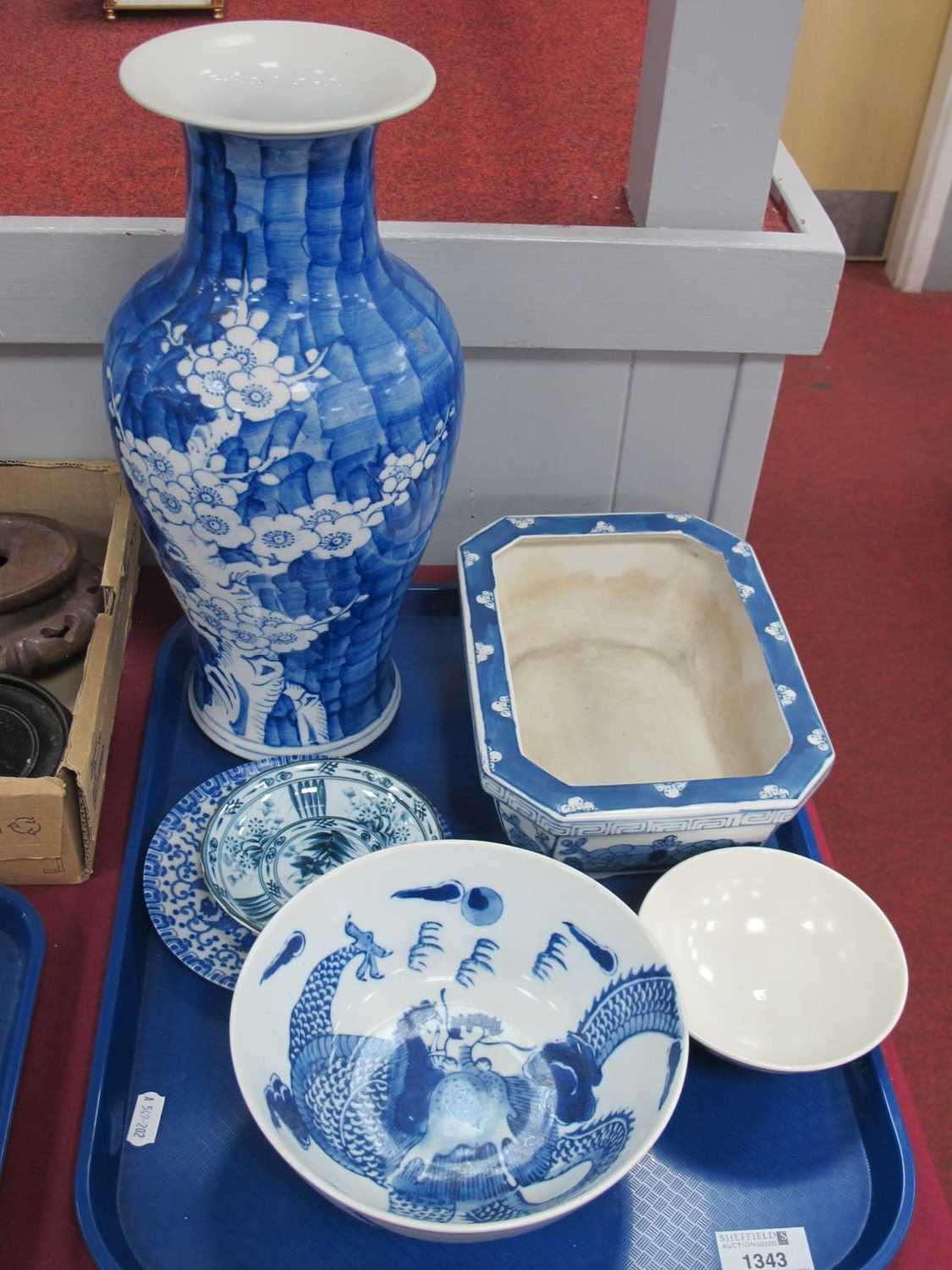 Chinese Blue-White Prunus Flower Decorated Vase, Chinese blue-white bowl, etc:- One Tray.