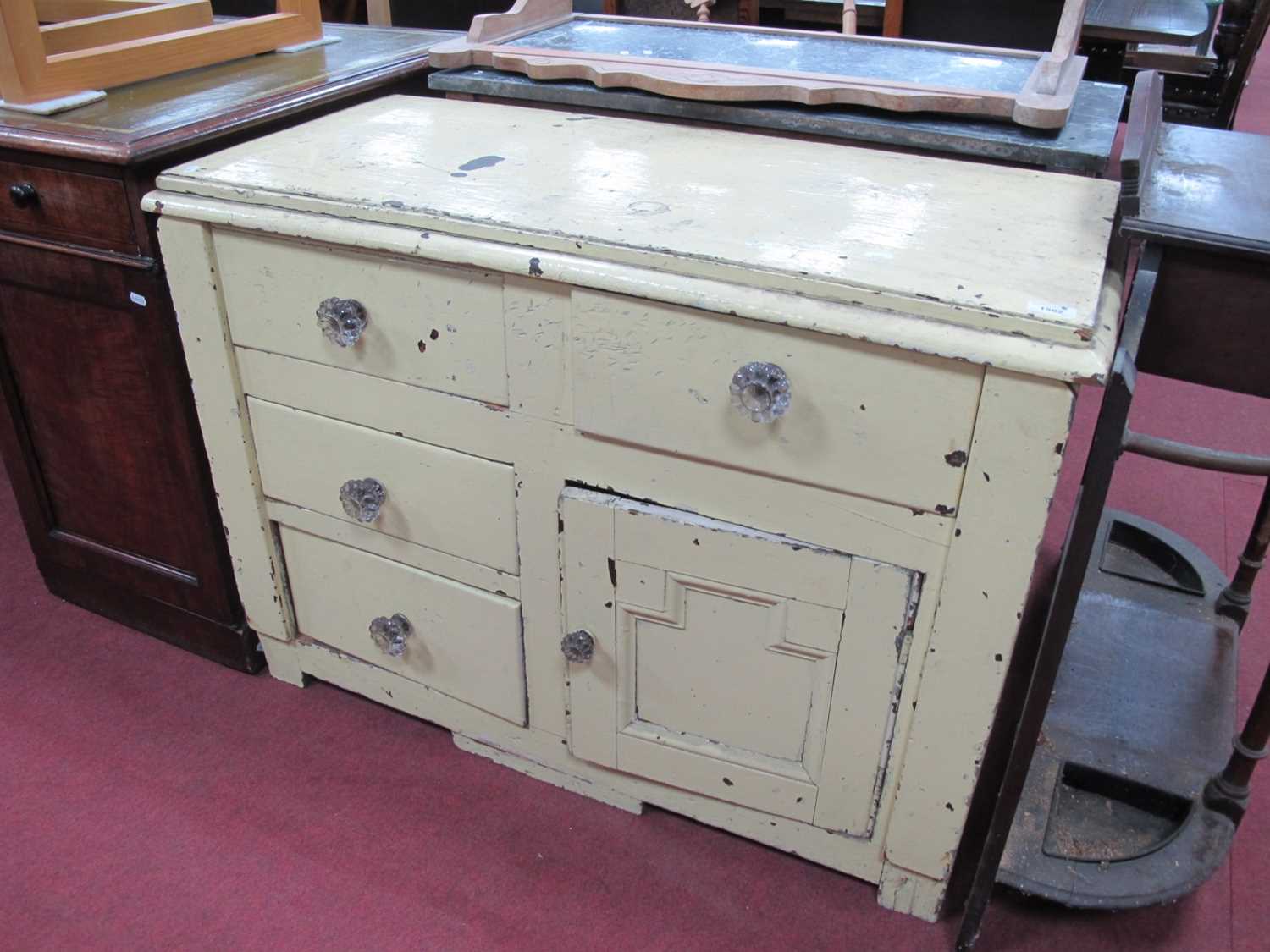 XIX Century Painted Pine Chest, with two top drawers, over cupboard, and two small drawers, 102cm