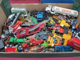 Box of Die Cast Cars etc, Dinky toys, Esso Tankard, Austin taxi, Corgi juniors, Matchbox combine