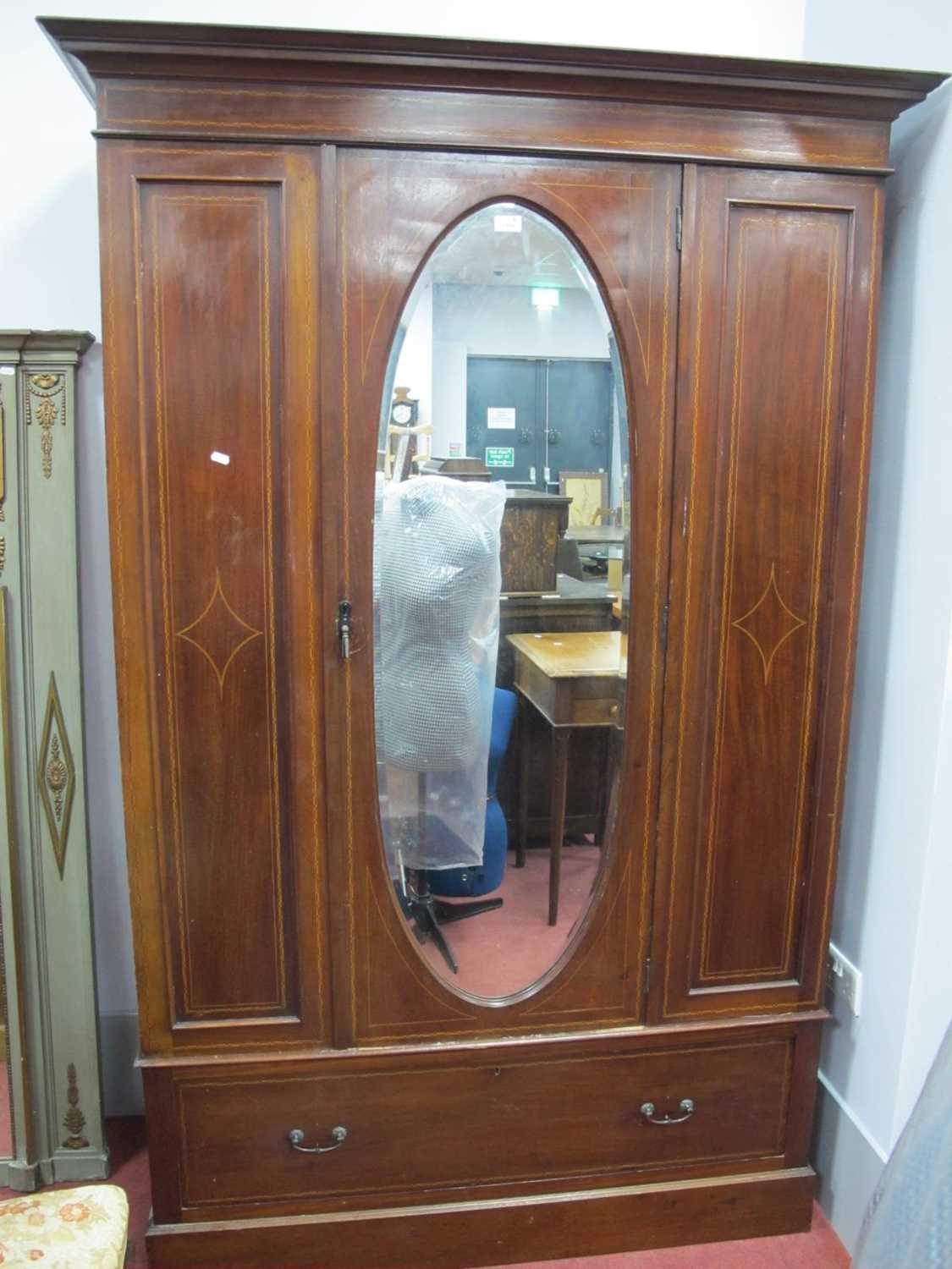 An Edwardian mahogany inlaid wardrobe with single mirrored door over long drawer, on a plinth - Image 4 of 4