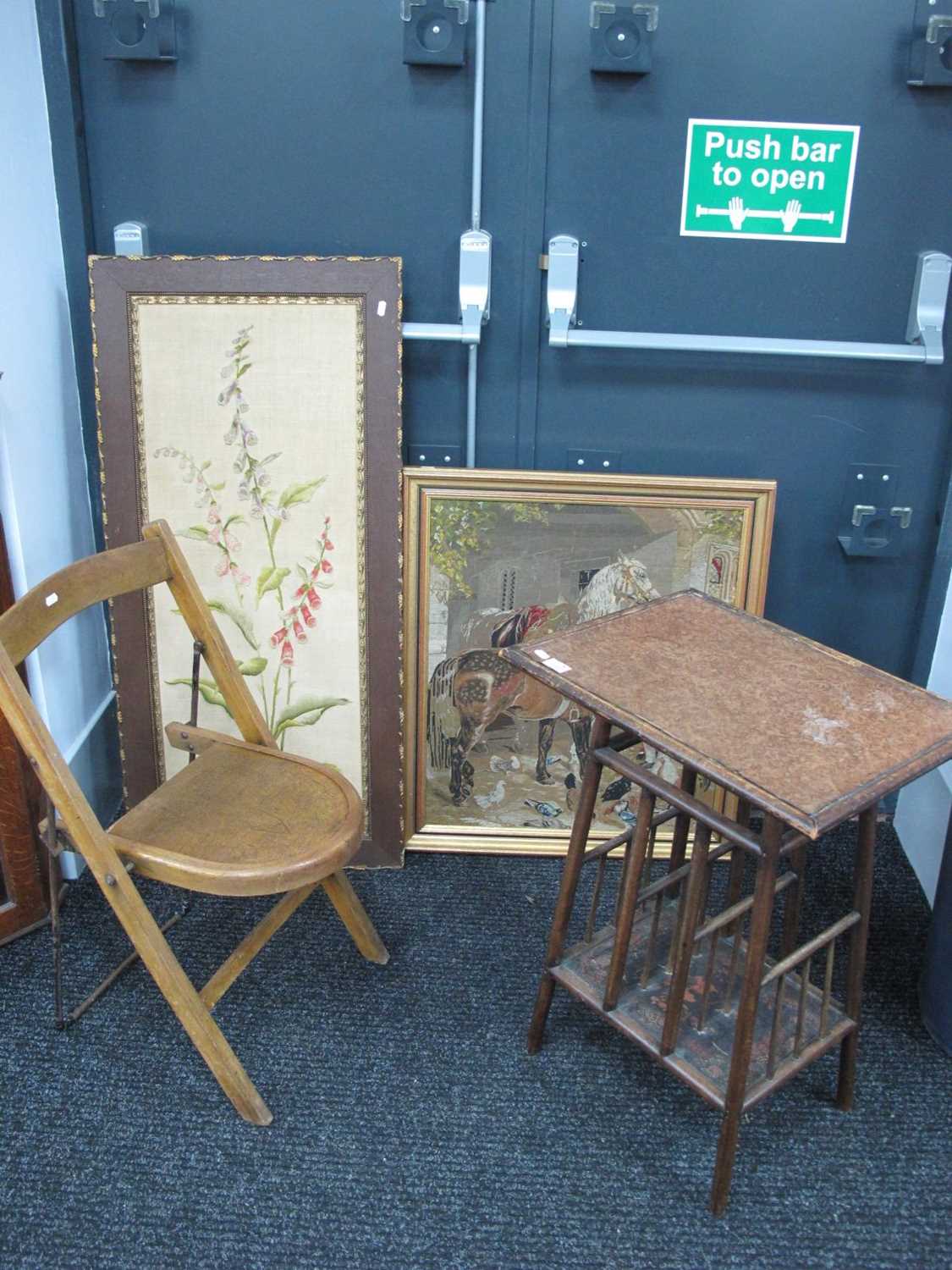 An Early XX Century Bamboo Table; plus a folding Grandstand plywood chair stamped "Goodearl Bros