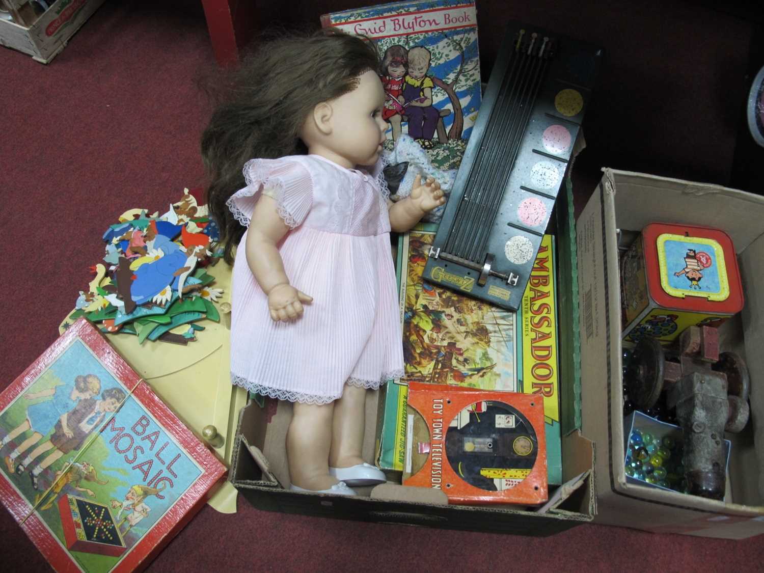 Vintage Toys and Games, including dolls, horse racing, marbles, handpainted nursery cut-out