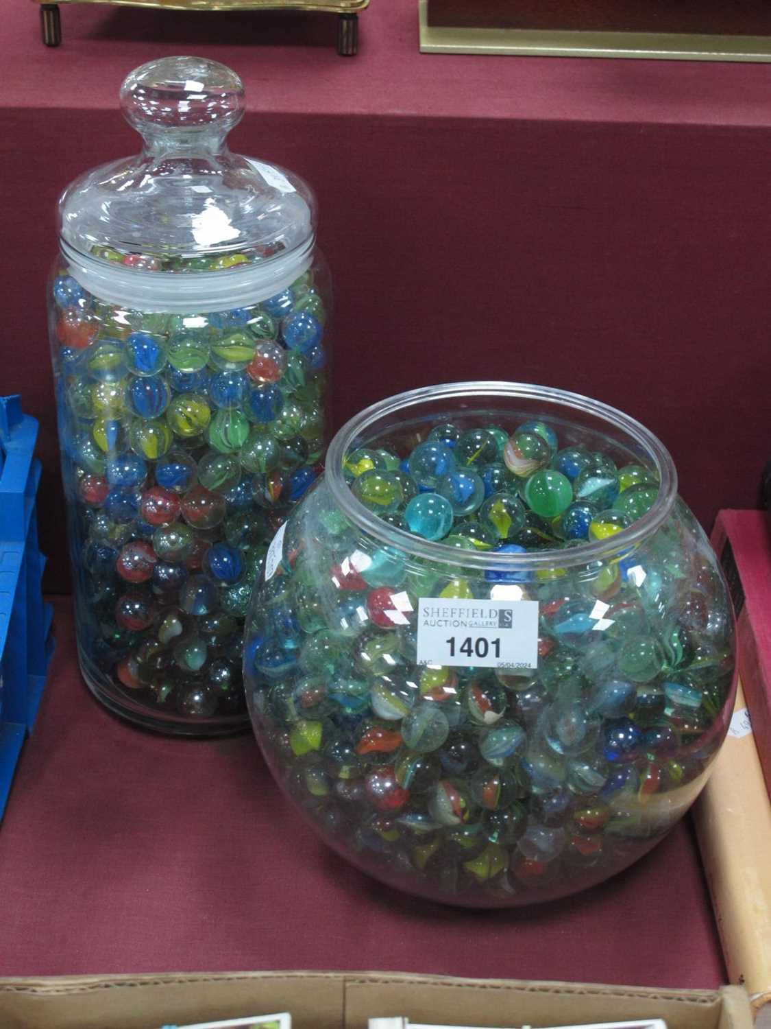 A Large Jar of Vintage Marbles; plus a goldfish bowl of similar. (2)