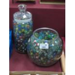 A Large Jar of Vintage Marbles; plus a goldfish bowl of similar. (2)