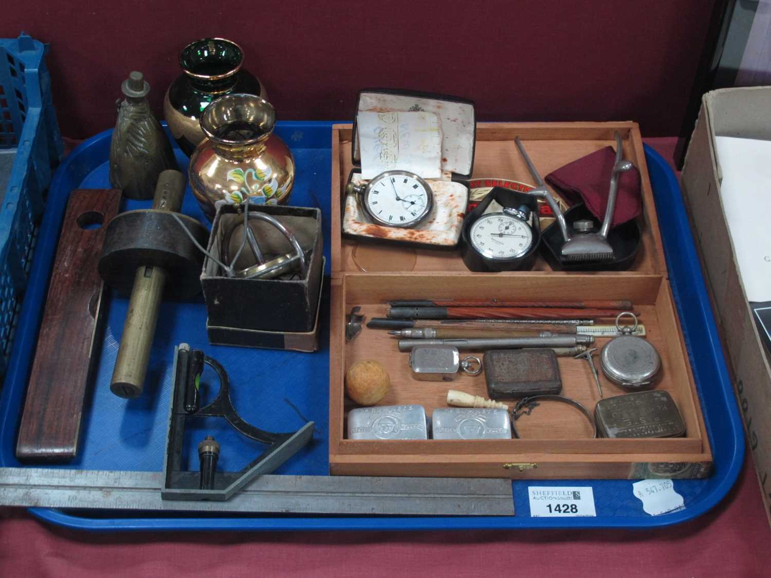 Dr Rumney's Tins, pencils, pocket watches, hair clippers, tools, glass vases, etc:- One Tray.