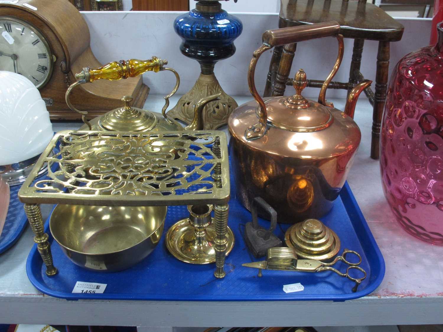 XIX Century Copper Kettle, a brass example with glass handle, trivets, candle snuffers, weights,