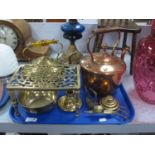 XIX Century Copper Kettle, a brass example with glass handle, trivets, candle snuffers, weights,