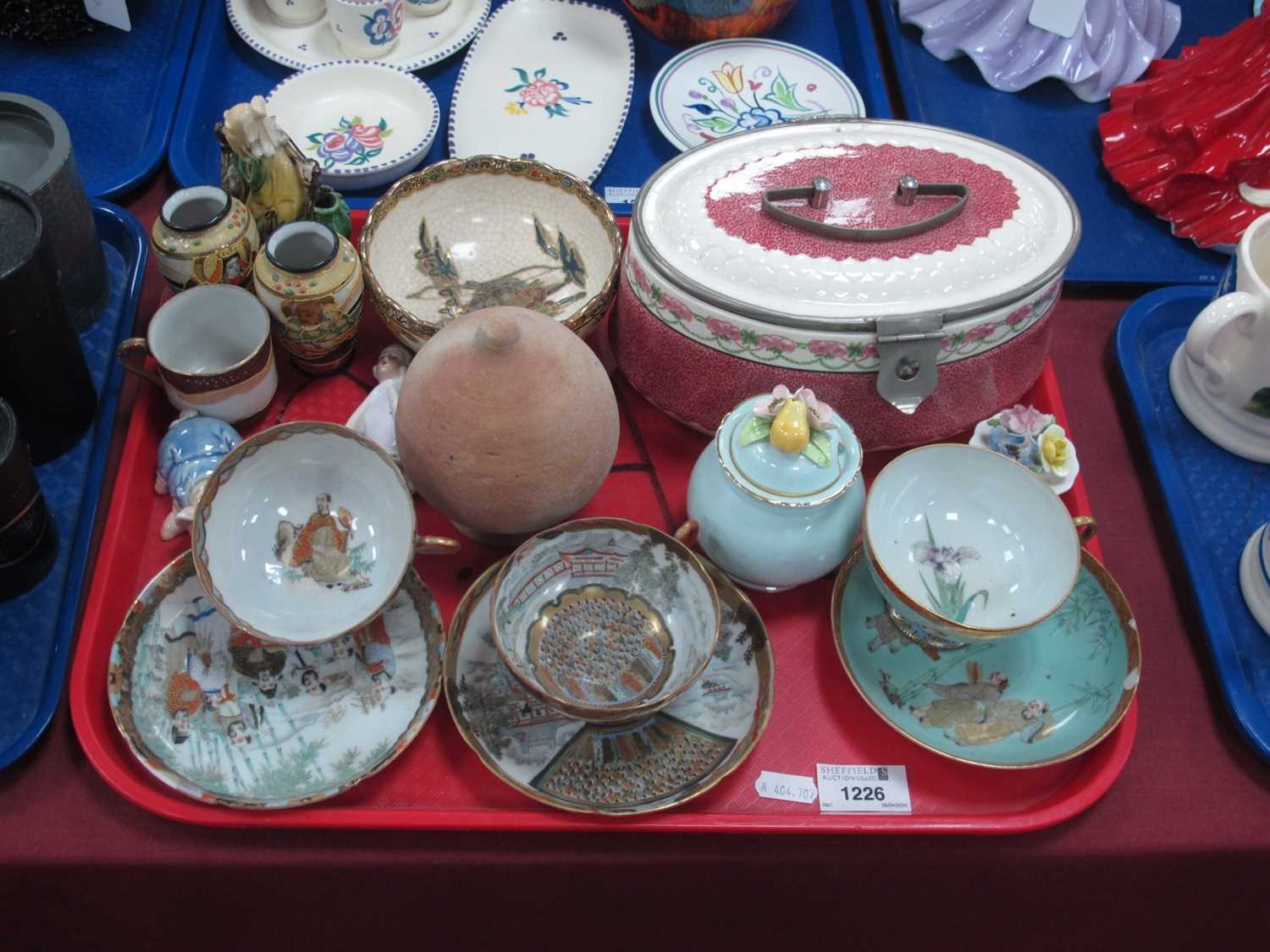 Oriental - Three hand painted tea cups and saucers, Satsuma bowl, oval ceramic box, pin cushion,