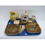 Quimper Bastian Le Pemp Shell Plates, of square form (x 2), spirit barrel, jug, ashtray, St Malo