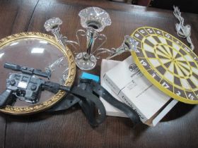 Silver Plated Three Flute Epergne, 27cm high, mirror, plates, Star Wars gun, dartboard and darts,