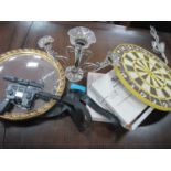 Silver Plated Three Flute Epergne, 27cm high, mirror, plates, Star Wars gun, dartboard and darts,