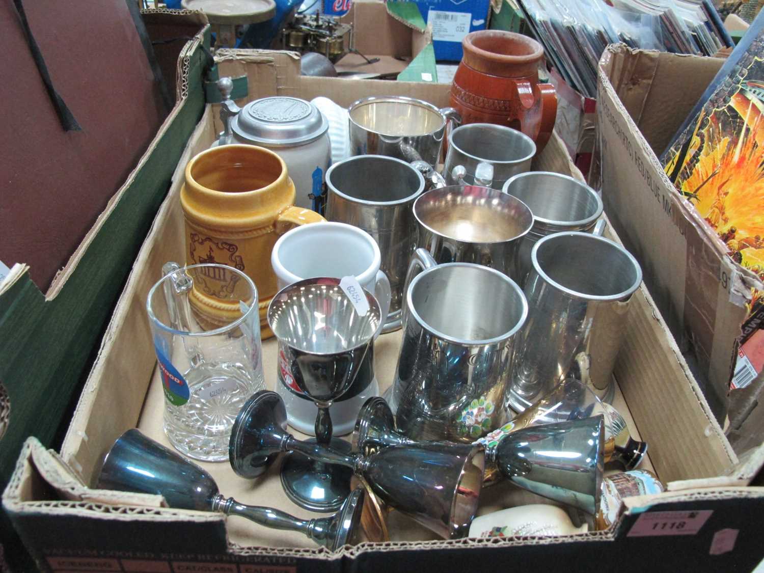 Tankards in Pewter, pottery glass and wood. Goblets Charlton, Satsuma, etc:- One Box