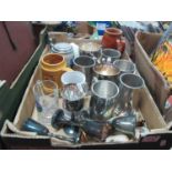 Tankards in Pewter, pottery glass and wood. Goblets Charlton, Satsuma, etc:- One Box