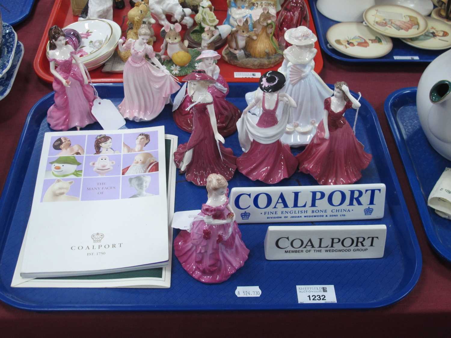 Coalport Debutante Figurines (x 8), the largest 'Just For You' 14cm. Two Coalport Shop Display