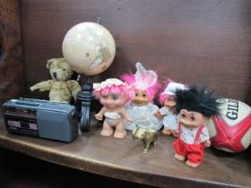 Alba cassette recorder, globe on stand, Troll dolls some from Russ, Gilbert rugby ball, brass