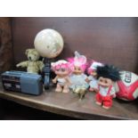 Alba cassette recorder, globe on stand, Troll dolls some from Russ, Gilbert rugby ball, brass