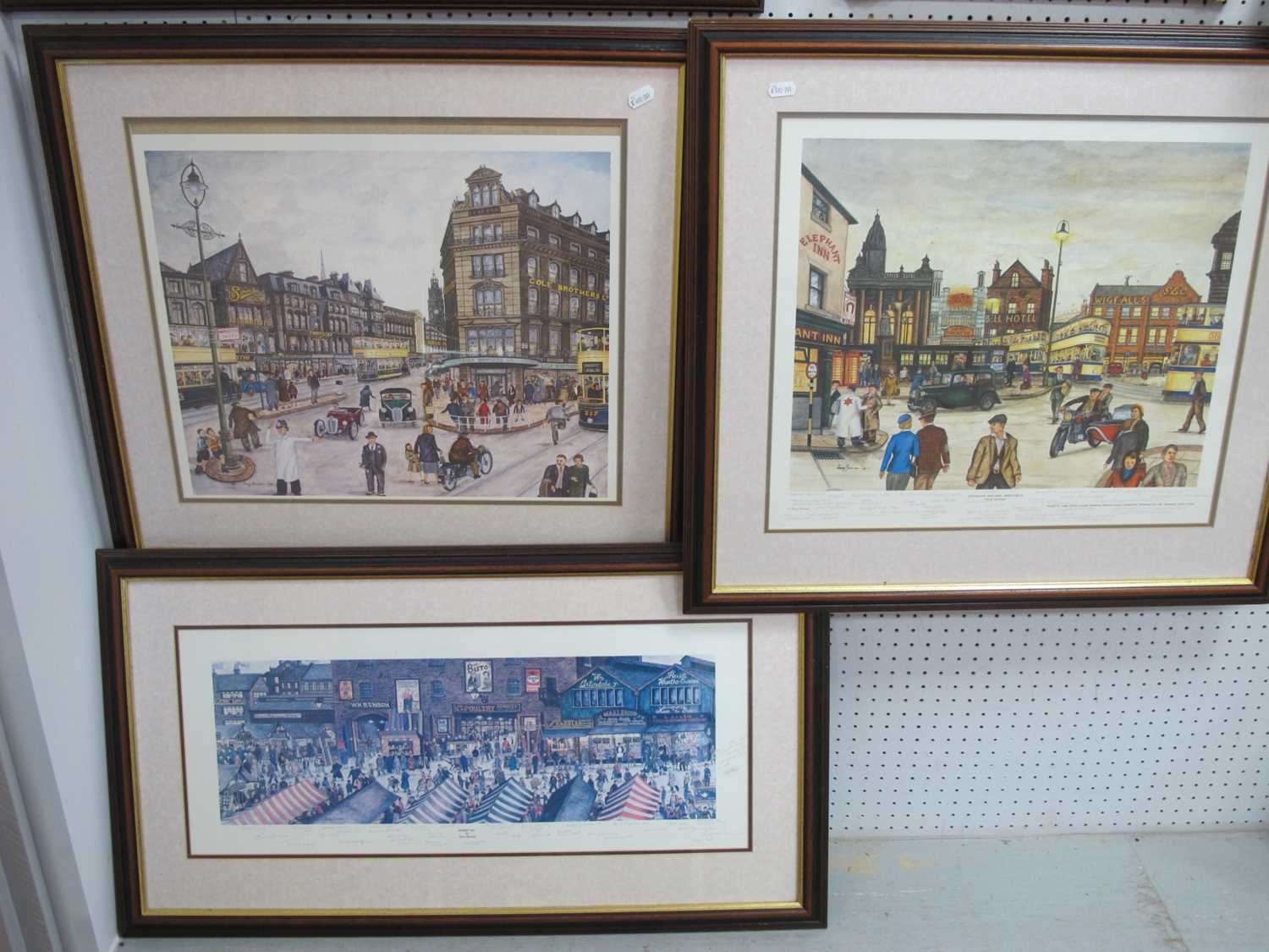 Three Terry Gorman Prints, Fitzalen Square, with artist's explanaory notes, Coles Corner, Market Day