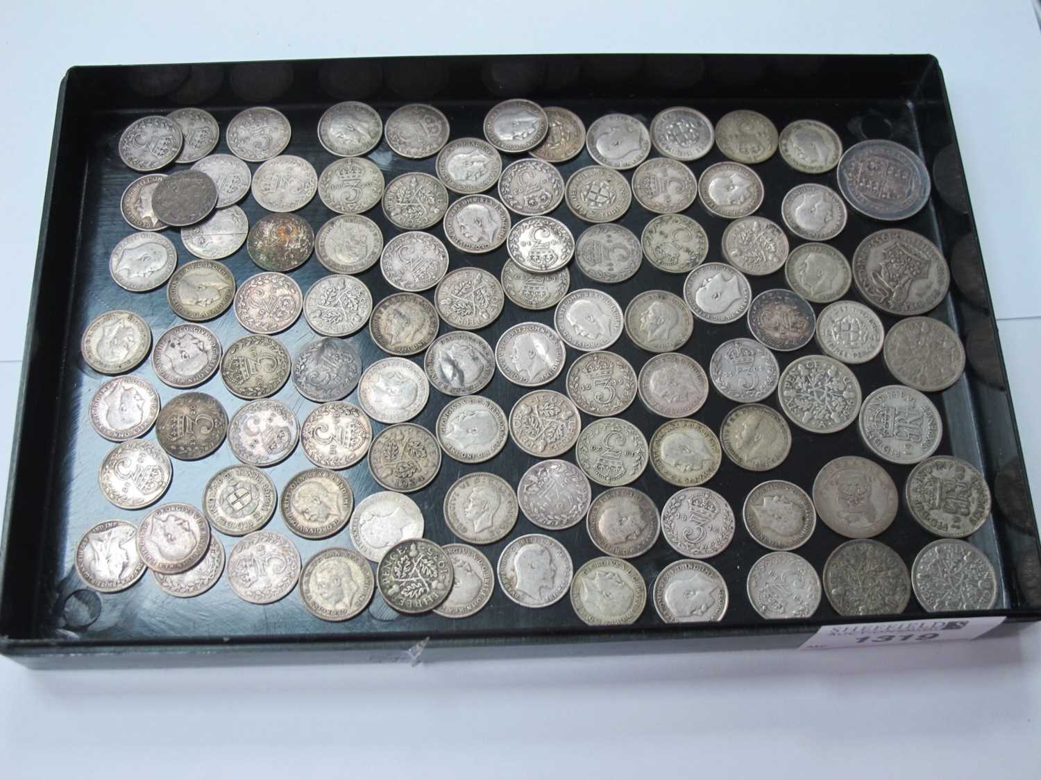 Coinage - Silver threepences, approximately 85. 1887 and 1933 shillings. Seven sixpences.