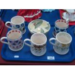 Emma Bridgewater Pottery Tankards x 5, 'Afternoon Tea' bowl. Base rim on two with small chip,