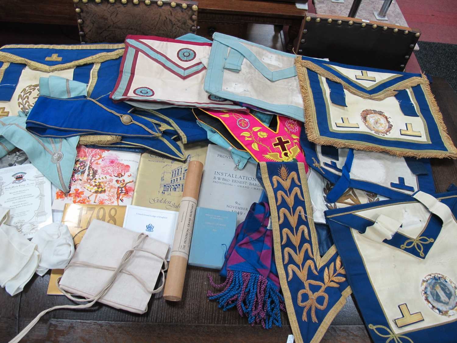 A Quantity of Vintage Masonic Items - sashes, aprons, ephemera, etc:- One Box