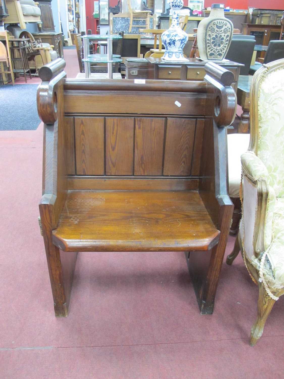 A Pitch Pine Victorian Ecclesiastical Single Seat Pew, with decorative brass side handles, 61cm