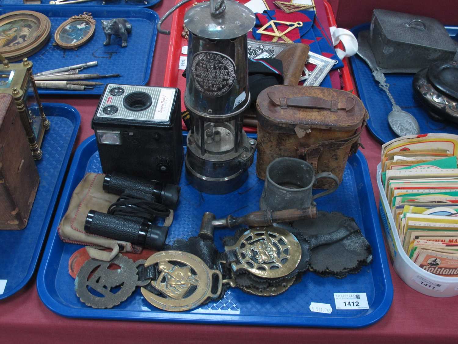 Miners Lamp, Eccles, Manchester, (dinted) 26cm high. Binoculars, horse brasses, camera, shot