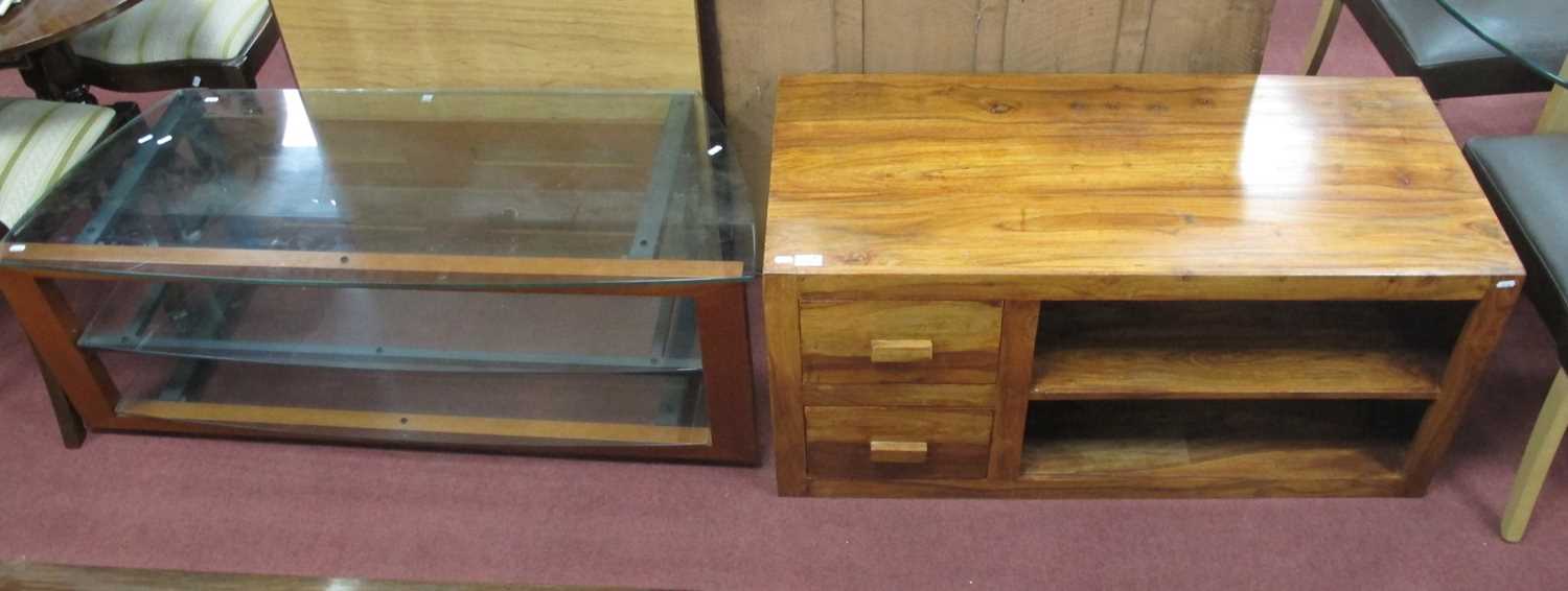 A Hardwood Rectangular Shaped Coffee Table, with two drawers and two open shelves, 110cm wide,